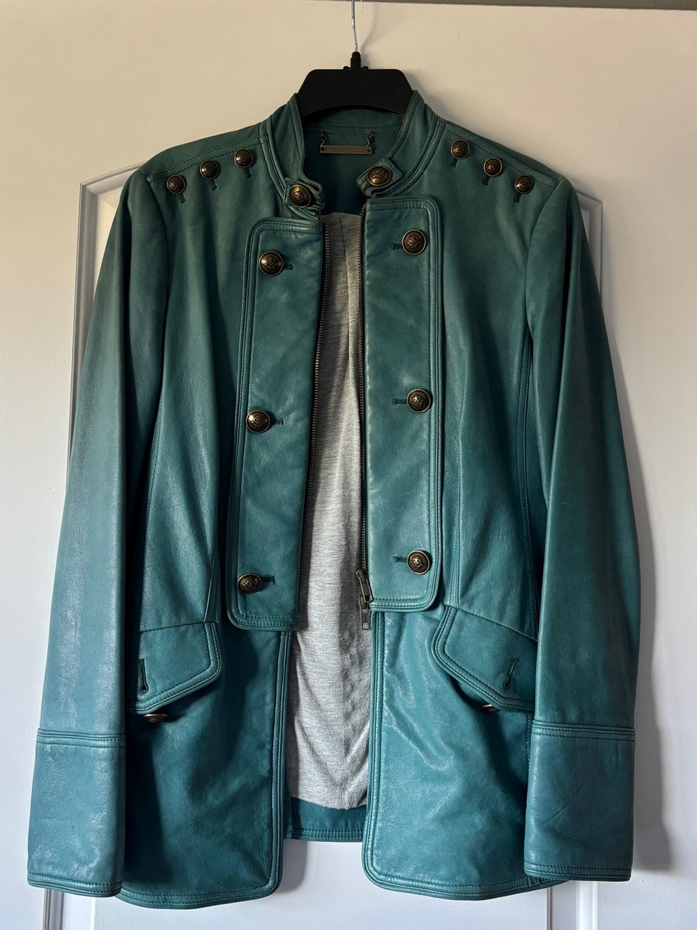Diane Von Furstenberg Teal Military-Style Leather Jacket